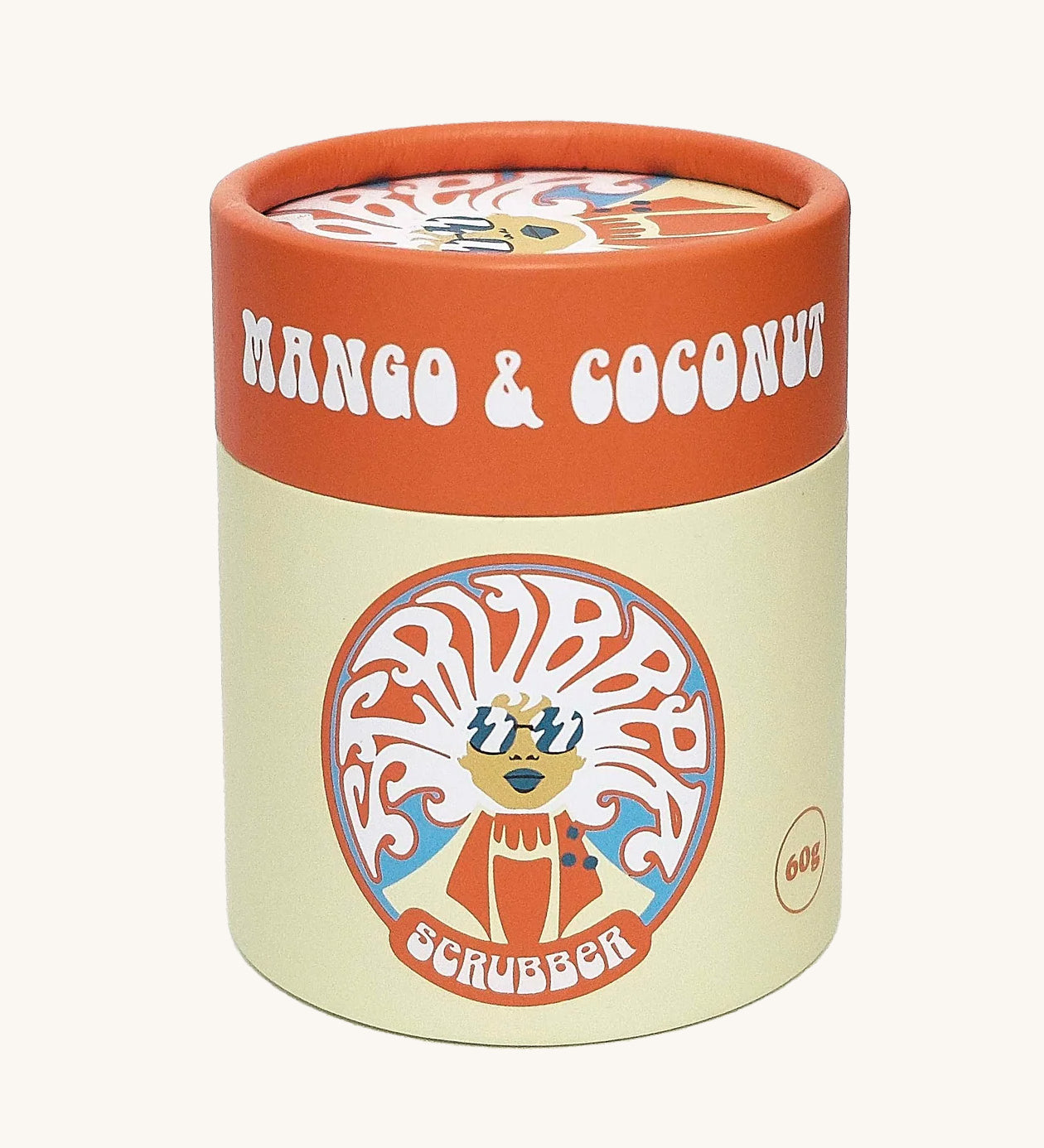 The Scrubber natural powder dry shampoo in 100% recycled cardboard packaging, in a mango and coconut scent