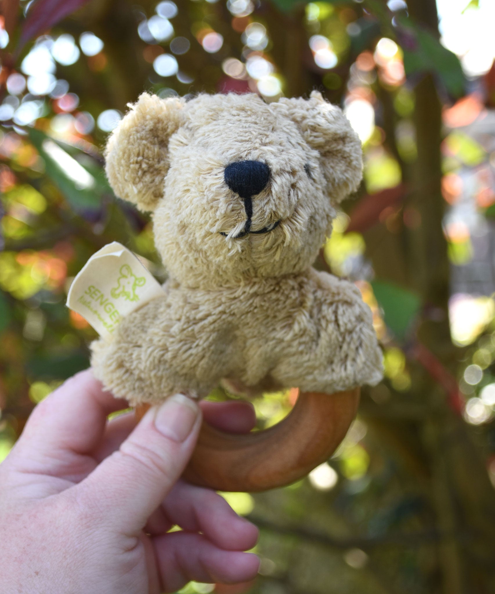A Senger bear baby grasping toy being held up in an adult's hand.
