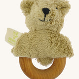 Senger Wooden Animal Grasping and Teething Toy - Bear. A smooth cherry wood ring with a plush bear head made of 100% organic cotton stuffed with sheep wool.
