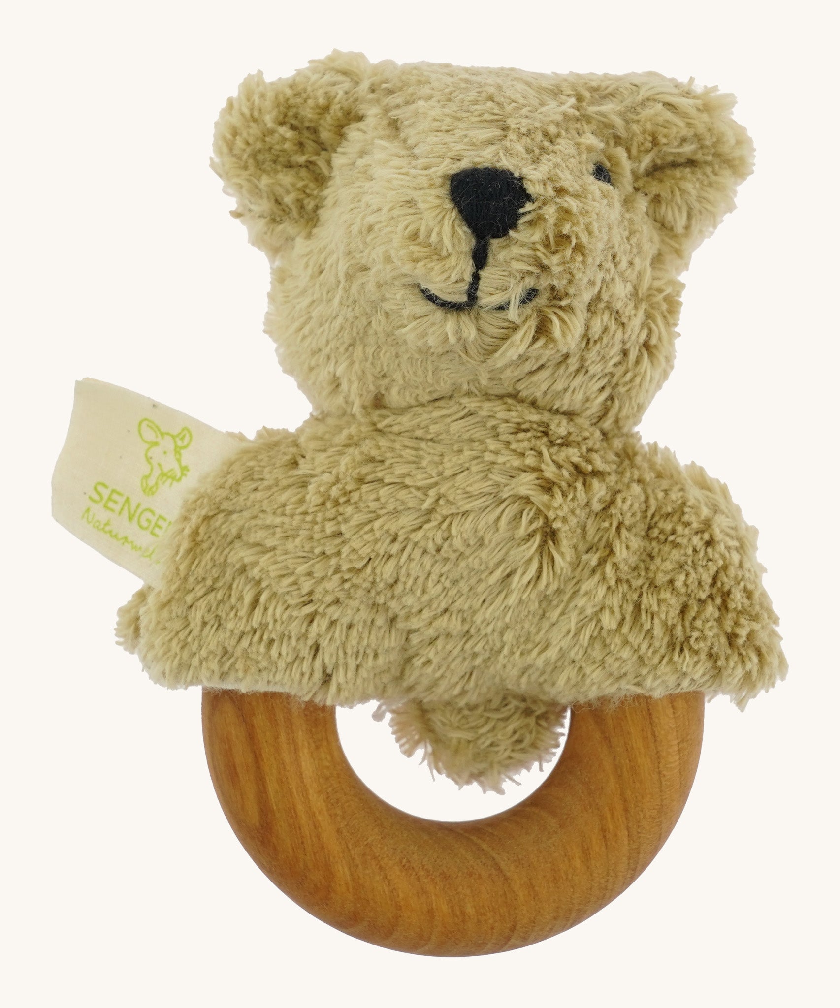 Senger Wooden Animal Grasping and Teething Toy - Bear. A smooth cherry wood ring with a plush bear head made of 100% organic cotton stuffed with sheep wool.
