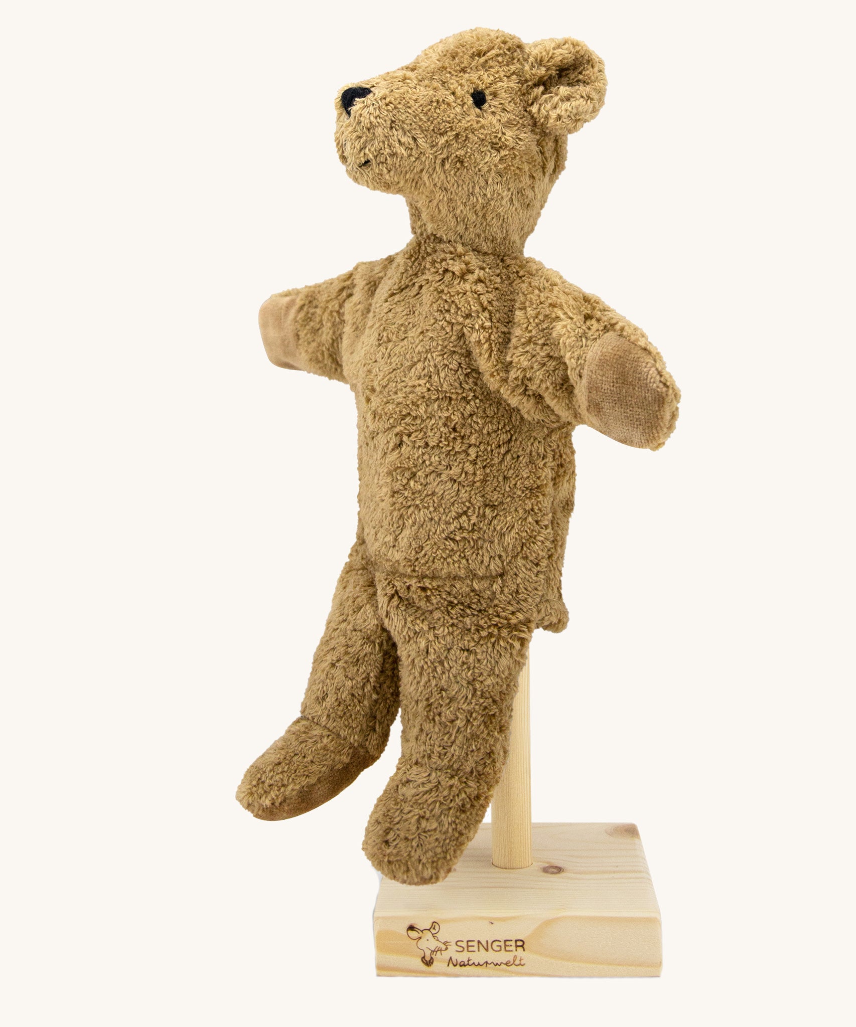 Senger beige bear Hand Puppet on a stand.
