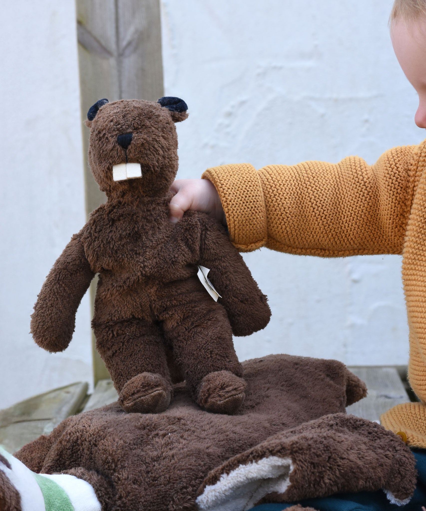 A child holdin up a Senger small floppy beaver toy by it's arm.