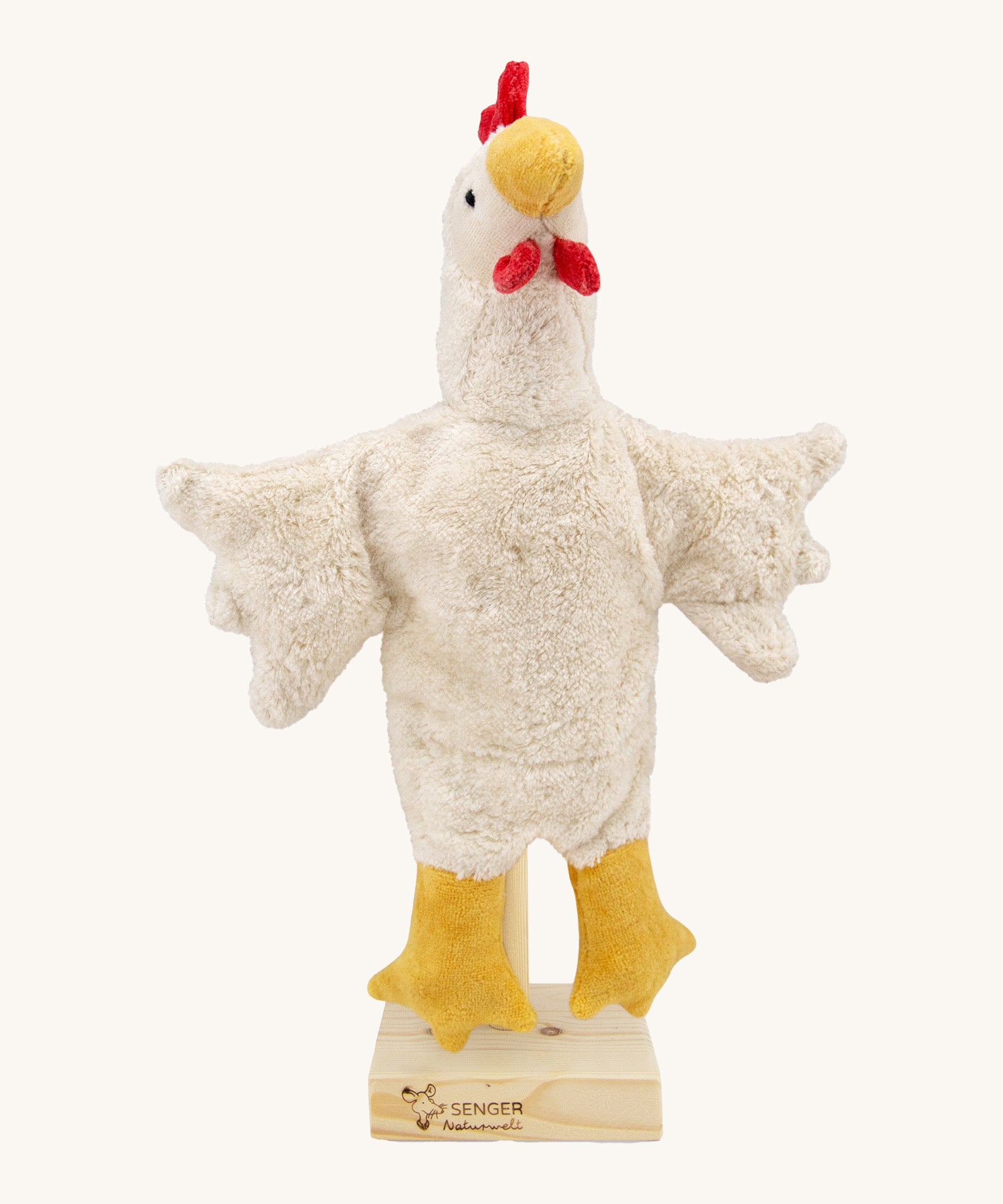 Senger Hand Puppet - White Chicken organic soft toy on a cream background.