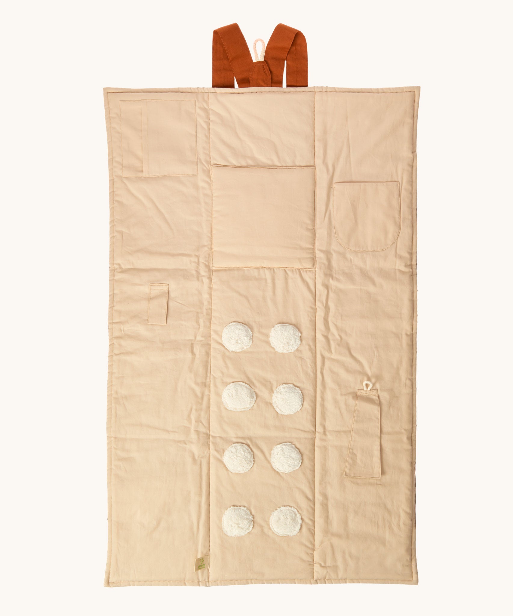 Senger cozy nap baby play mat. A padded blanket designed for babies to have a comfortable space whilst out and about. This side of the mat has elements for baby to touch. 