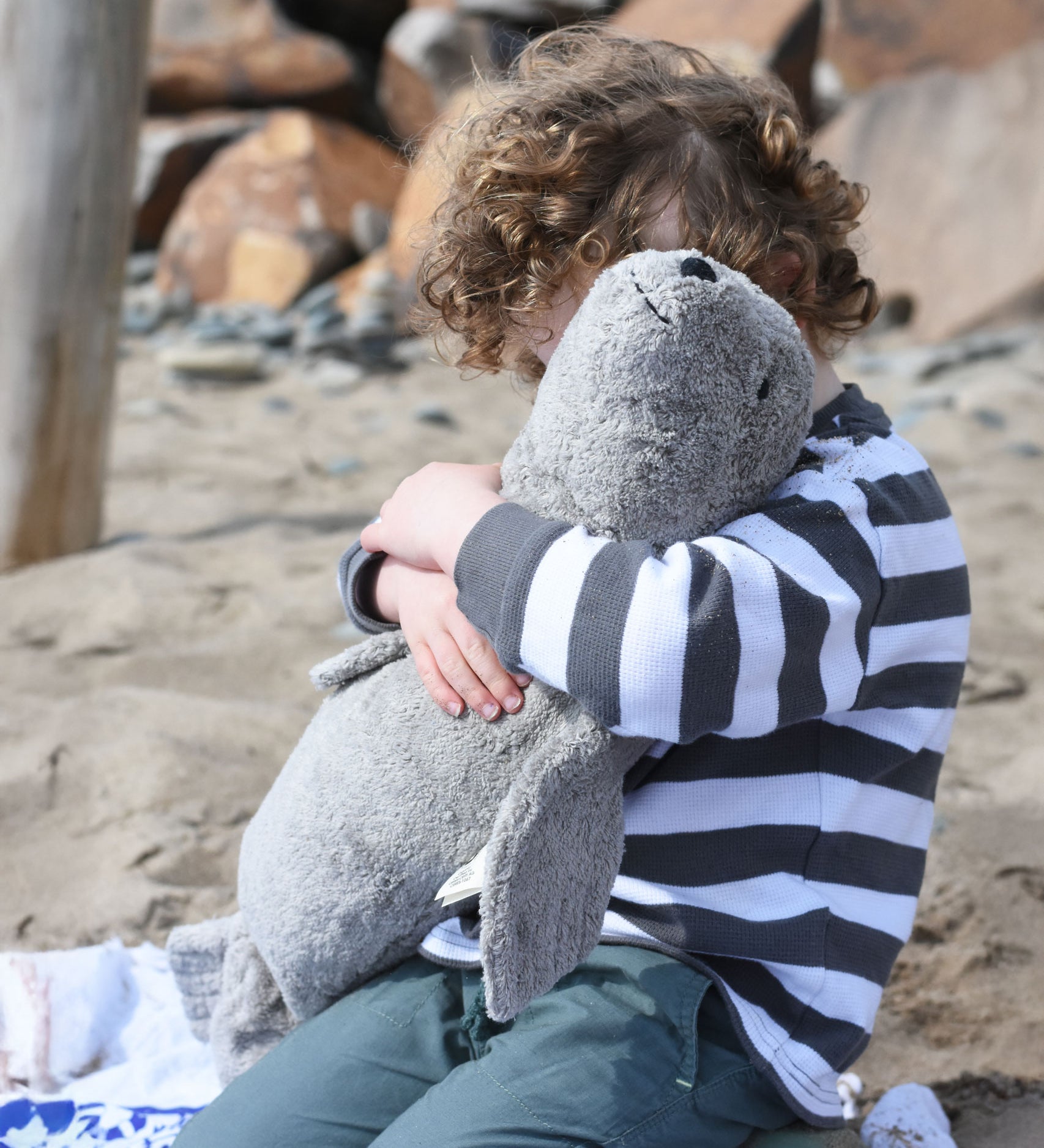A child cuddling the large cuddly Senger grey seal. 