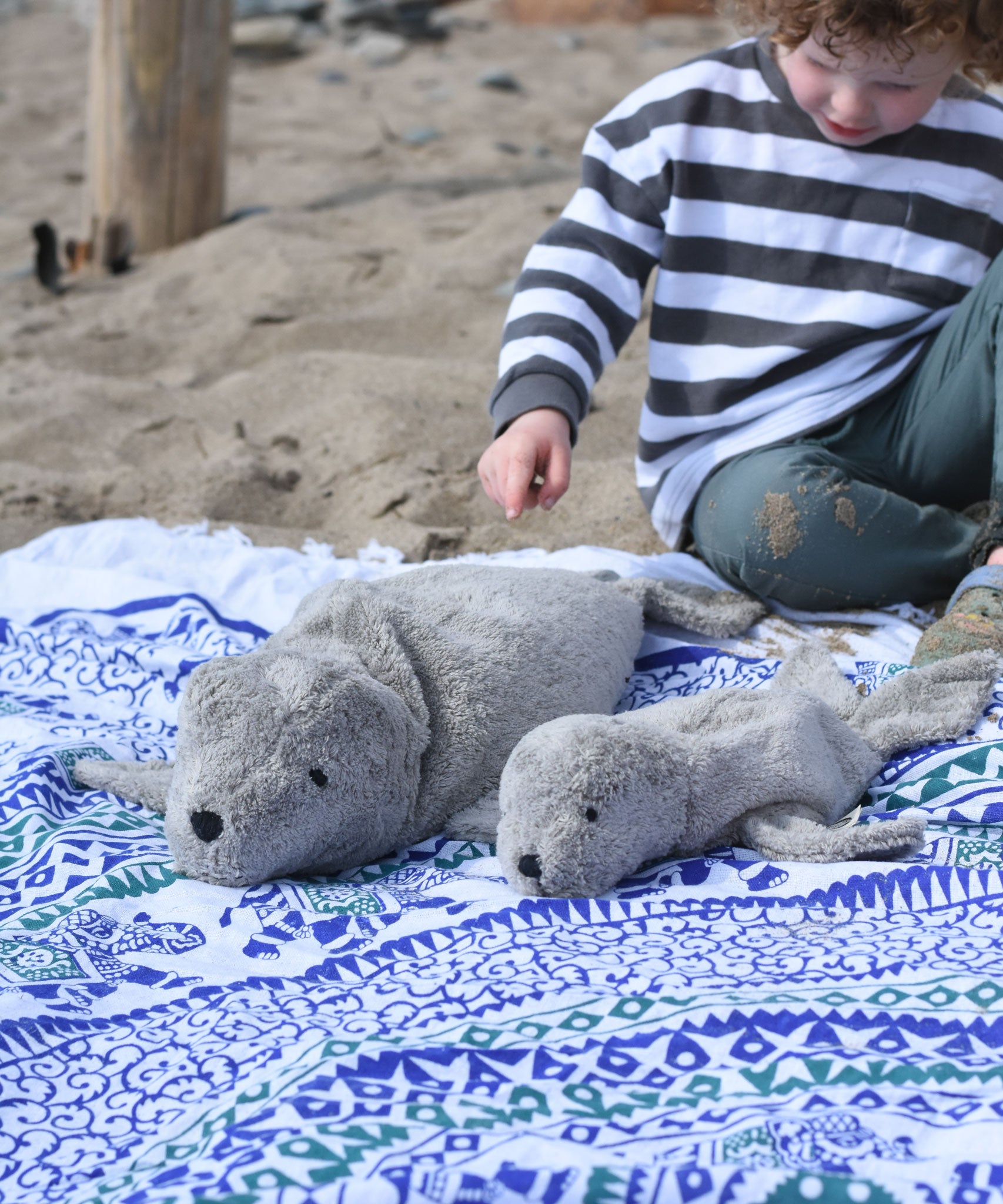 A large and small cuddly Senger grey seal placed on a blue and white patterned blanket on the back. A child can be seen in the background.  