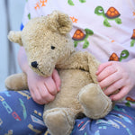 A close up of a small Senger beige cuddly teddy bear in a child's hands.