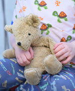 A close up of a small Senger beige cuddly teddy bear in a child's hands.