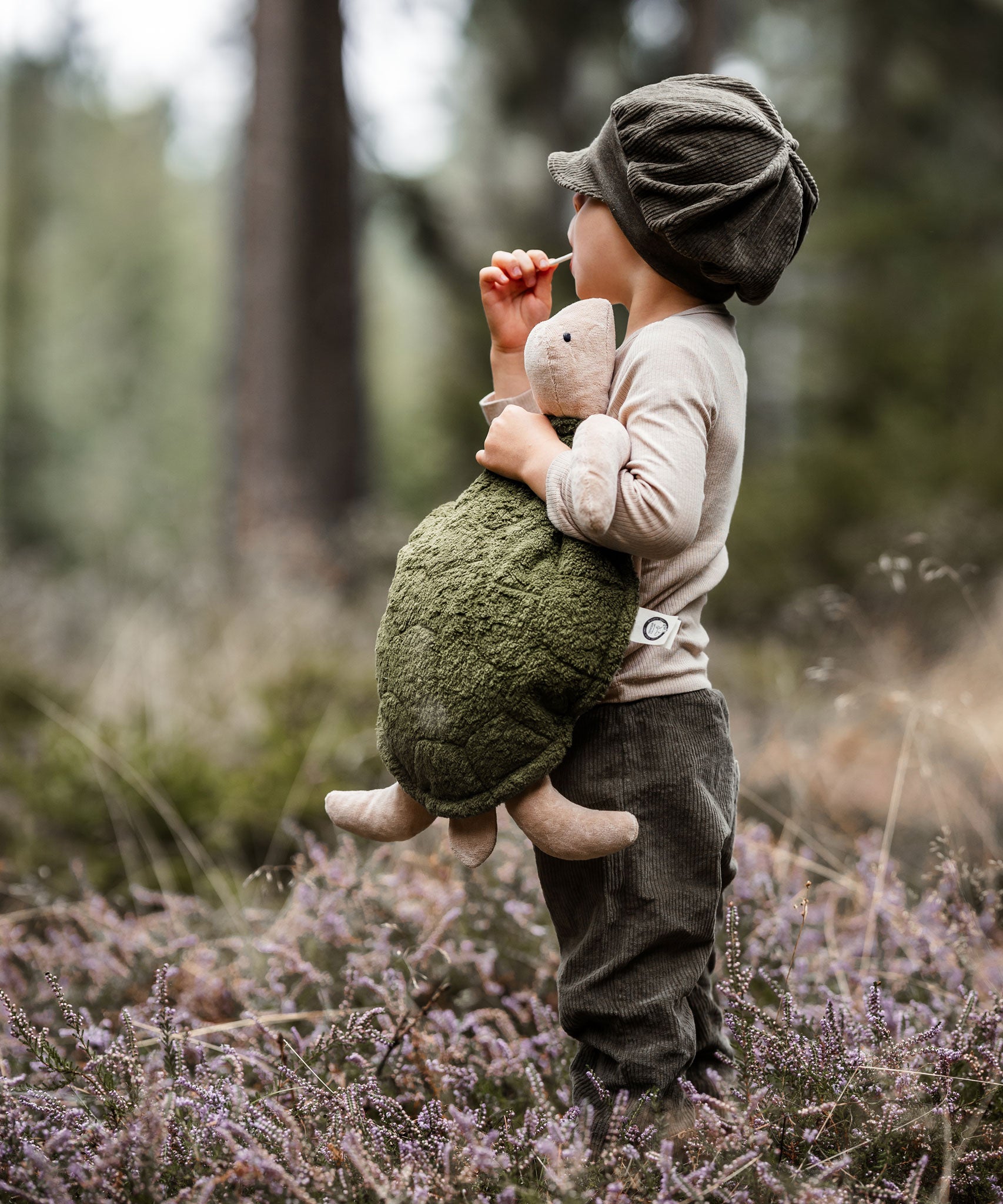 A child standing in a wooded area holding a large cuddly Senger Turtle soft toy. 