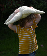 A child carrying the large Senger starfish on his head. The Senger starfish are part of a wide range of organic soft toys available here at babipur.