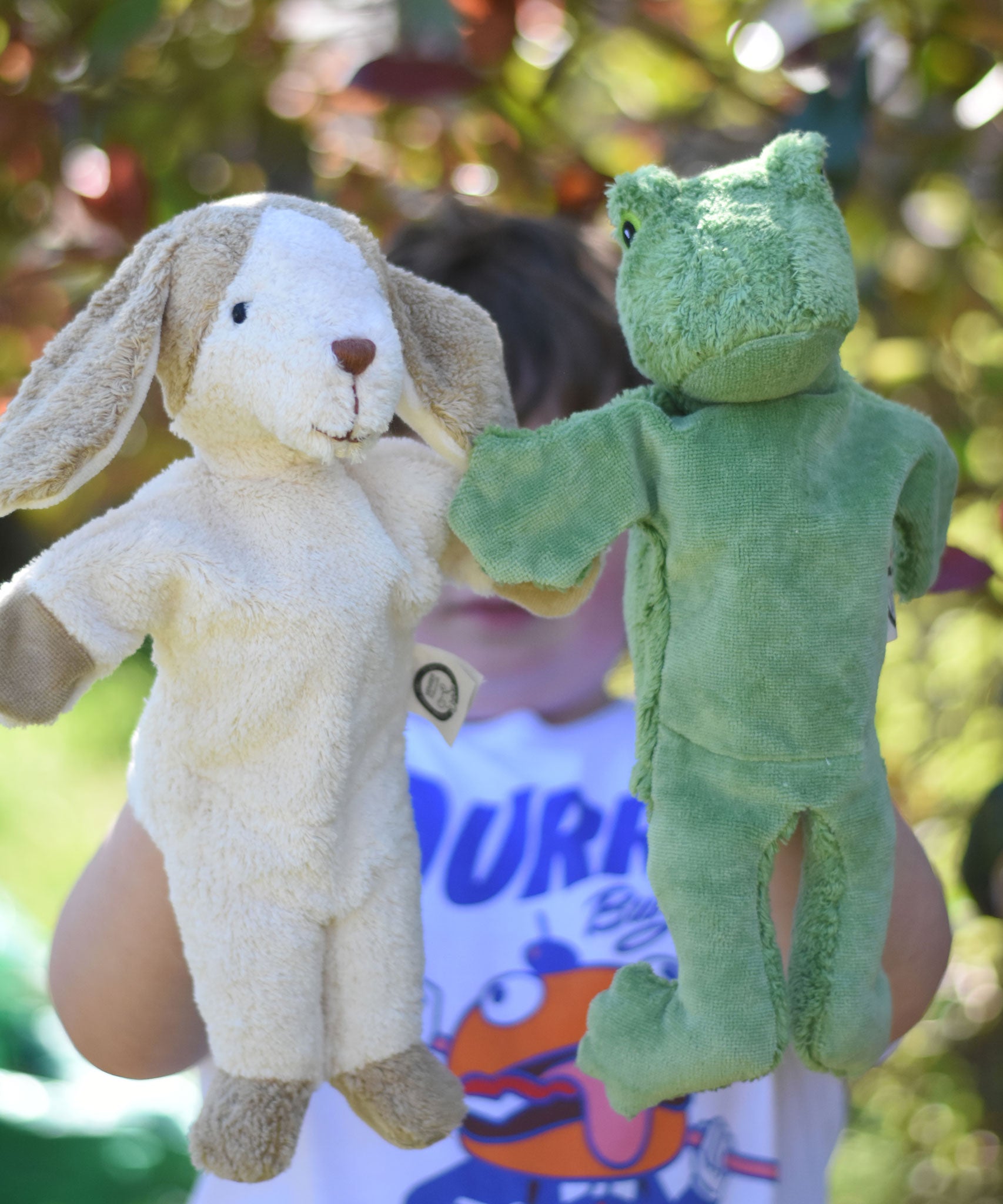 Senger dog and frog puppet toys in use on a child's hands. 