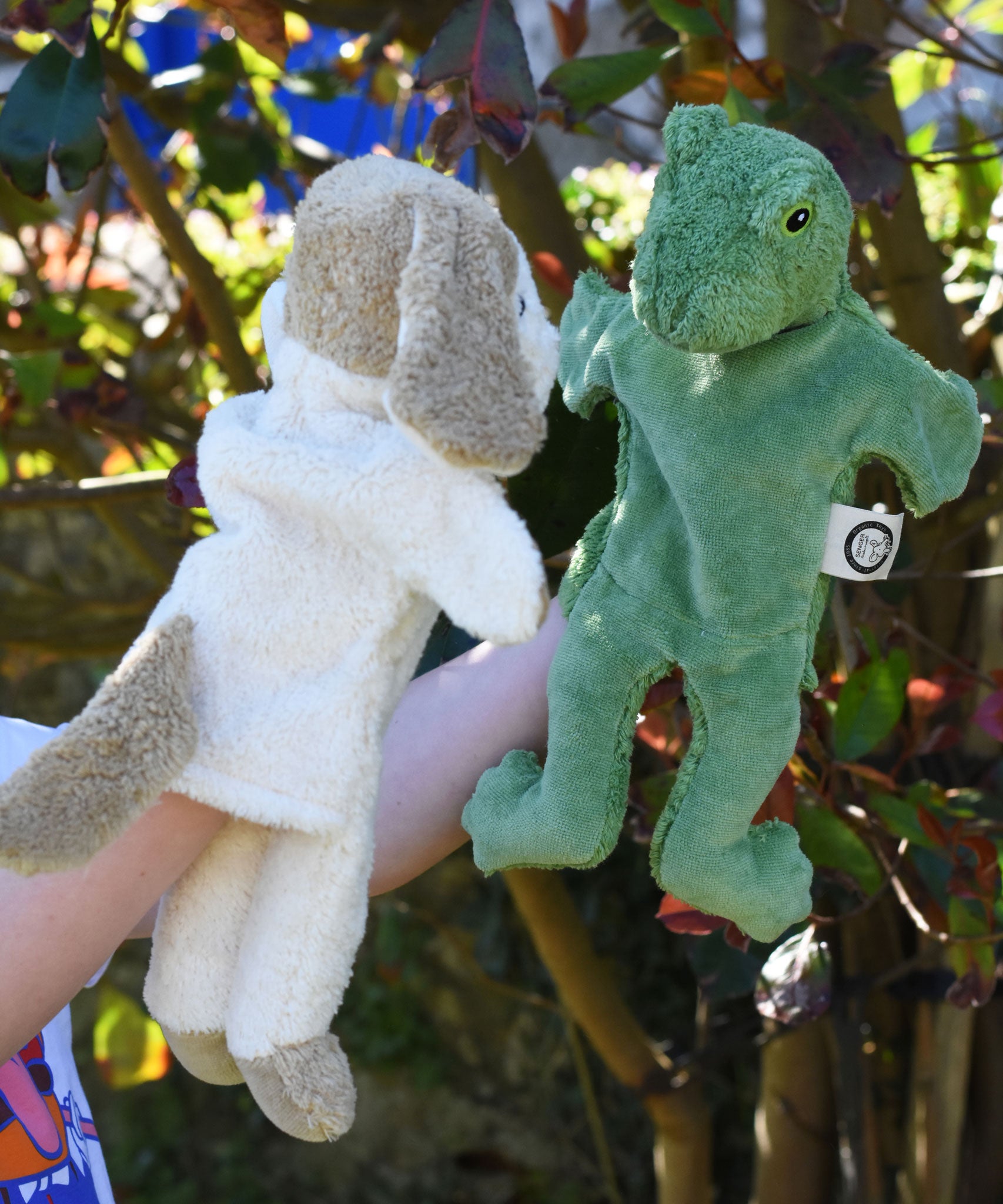 Senger dog and frog puppet toys in use on a child's hands.