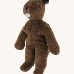 Senger small floppy beaver, a GOTS organic cotton huggable brown beaver showing its big teeth, paddle tail, long floppy limbs and embroidered facial details.
