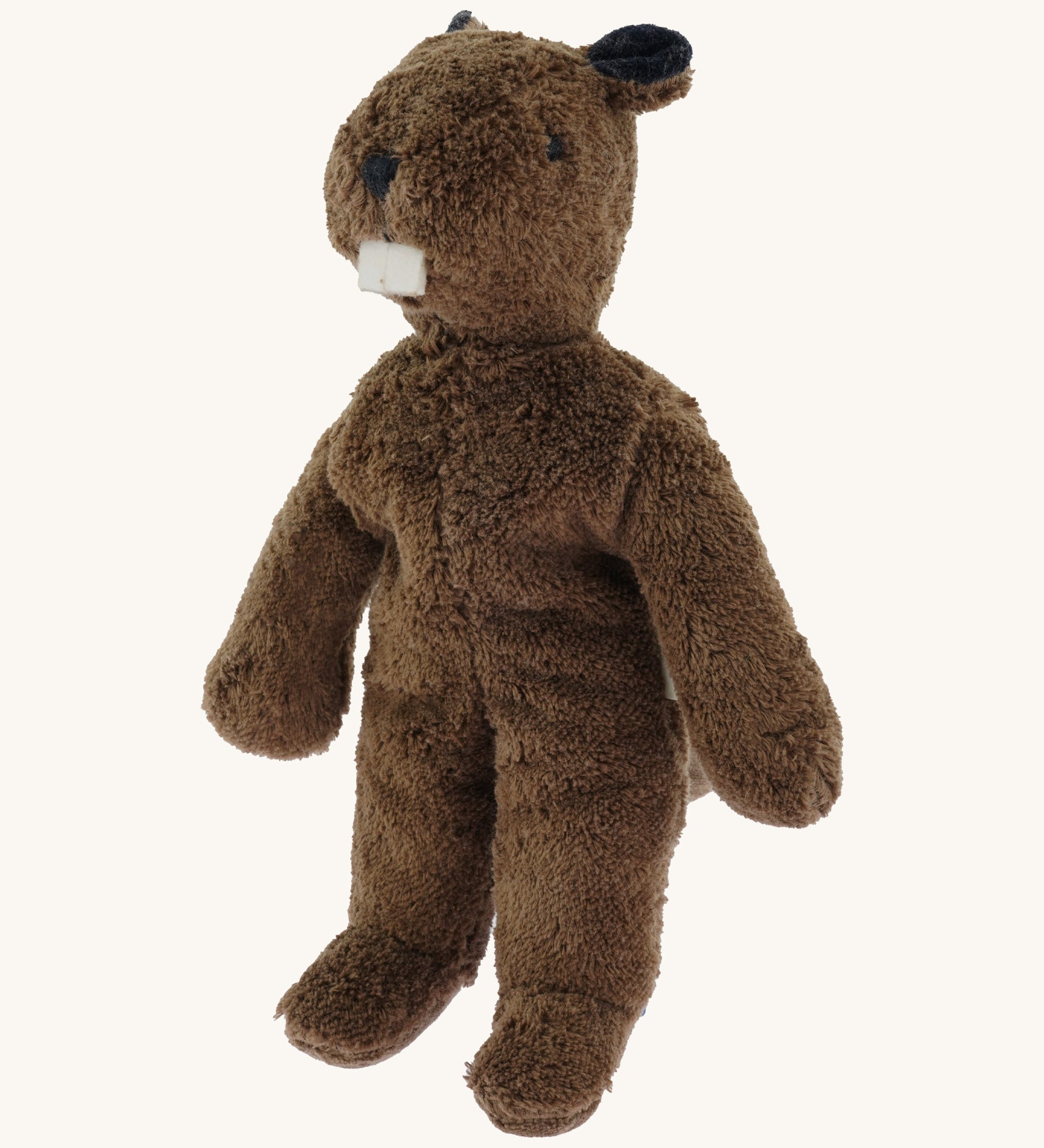 Senger small floppy beaver, a GOTS organic cotton huggable brown beaver showing its big teeth, paddle tail, long floppy limbs and embroidered facial details.