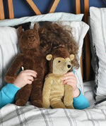 A child holding up a horse and hedgehog Senger floppy soft toys in front of their face whilst playing peekaboo with them. These toys are from the Senger Floppy collection, a range of soft toy animals made from organic and natural materials. 