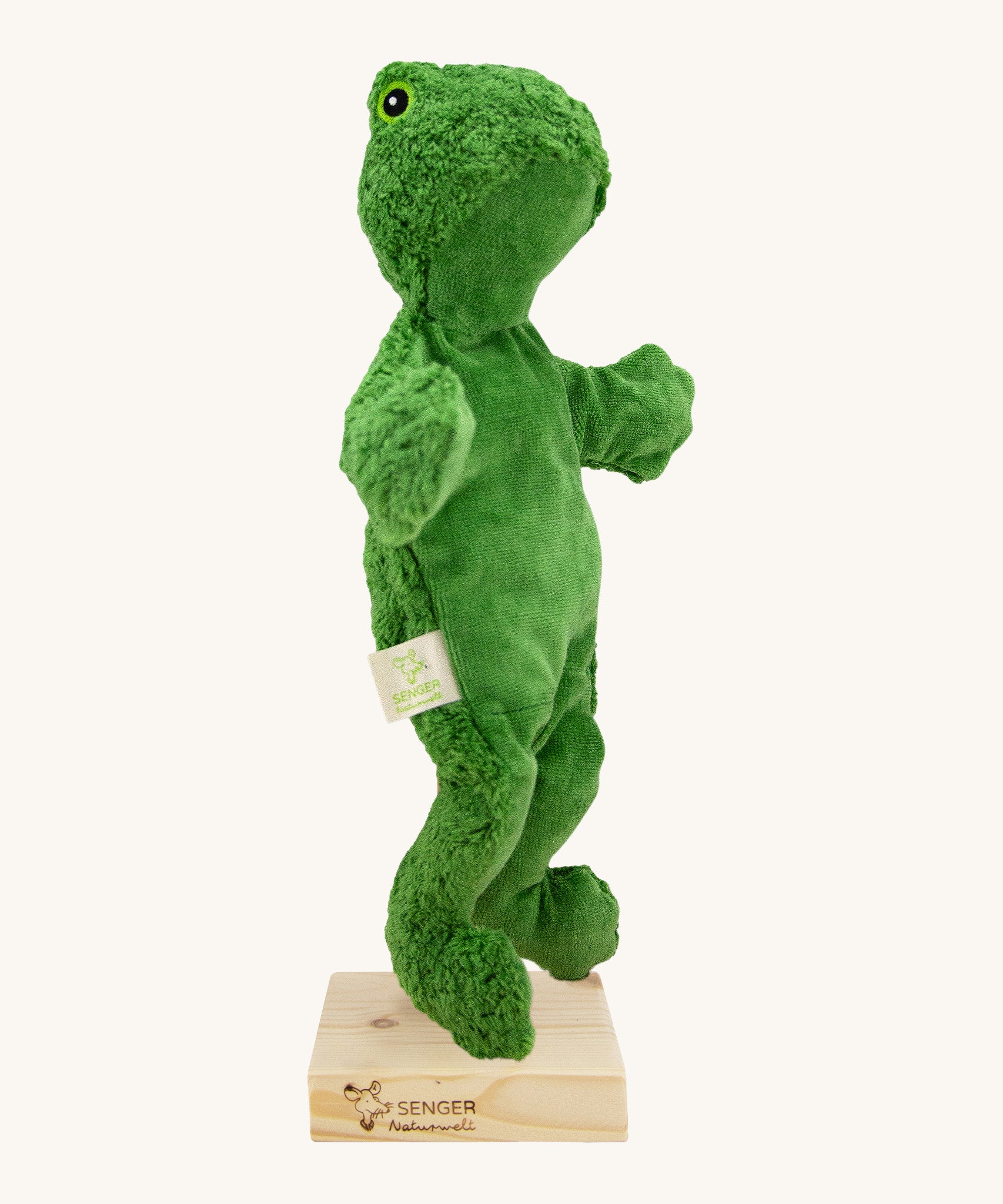 Senger Hand Puppet - Frog organic soft toy on a cream background.