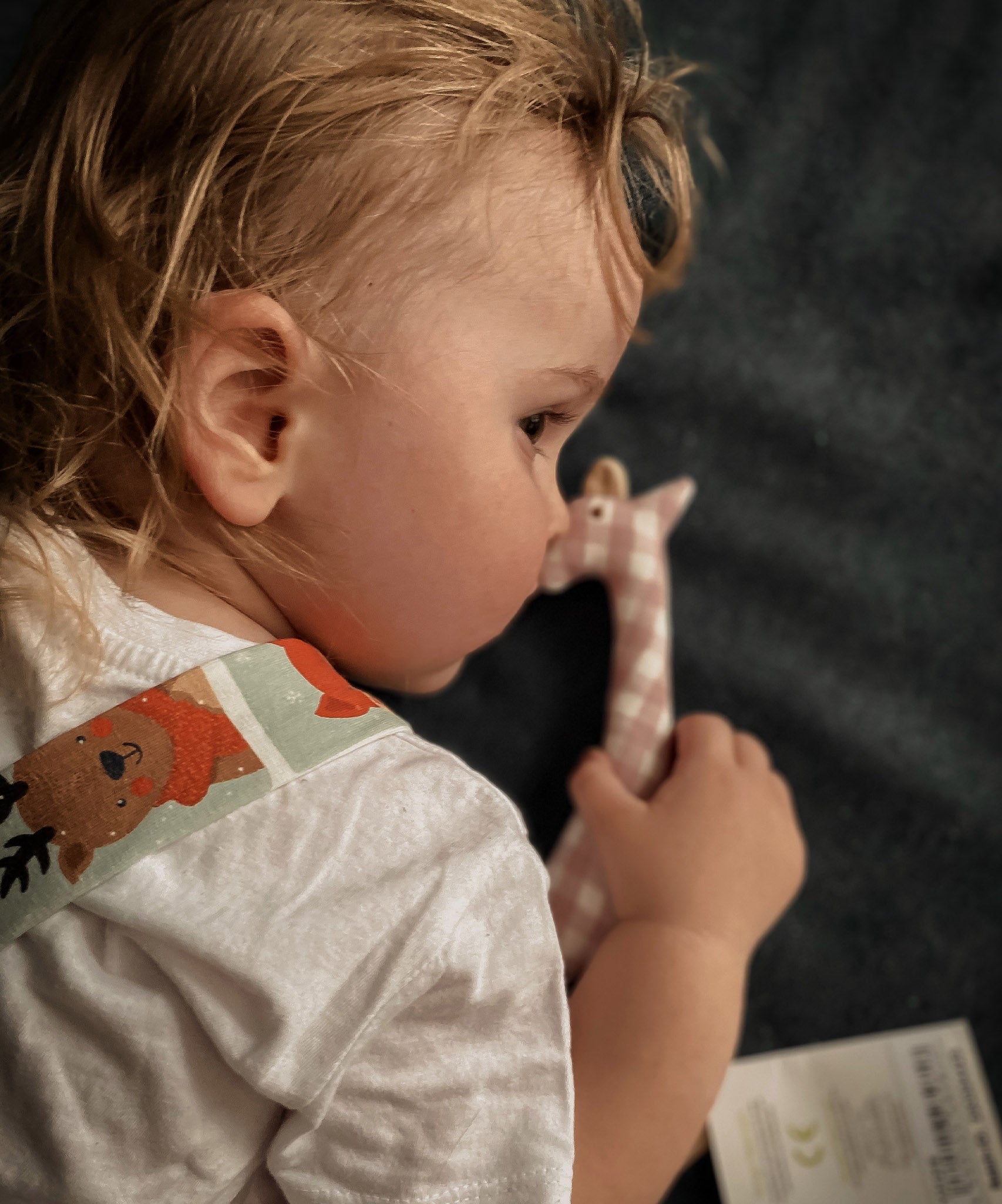 A child with the Senger pink and white check giraffe soft grasping toy in hand, available at Babipur.