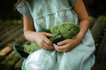 A closeup of a little girl cradling a Senger organic cotton cuddly stuffed fish toy