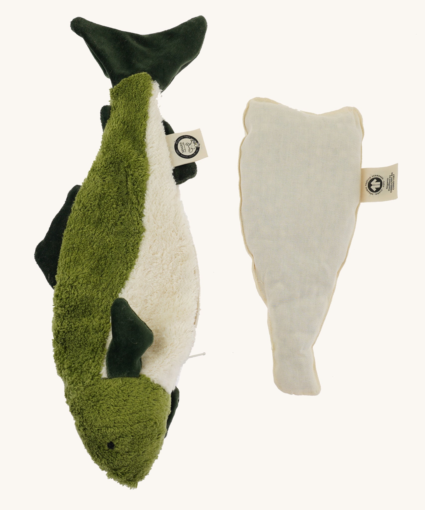 The Senger green fish cuddly toy, with its inside warmer bag taken out.