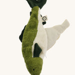 The Senger green fish cuddly toy, with its inside warmer bag taken out.