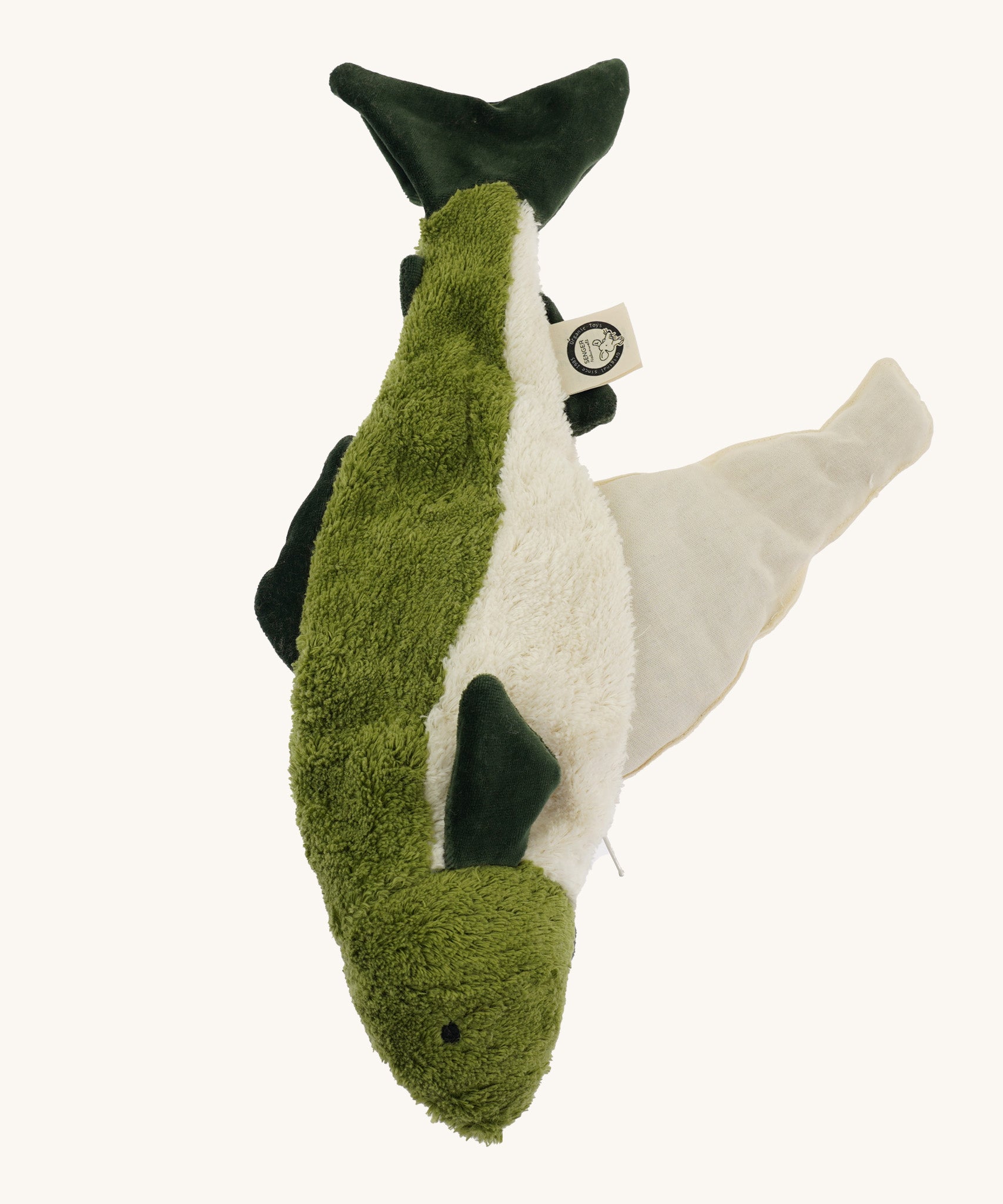 The Senger green fish cuddly toy, with its inside warmer bag taken out.