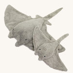 The large and small Senger organic cotton stuffed grey manta rays next to each other