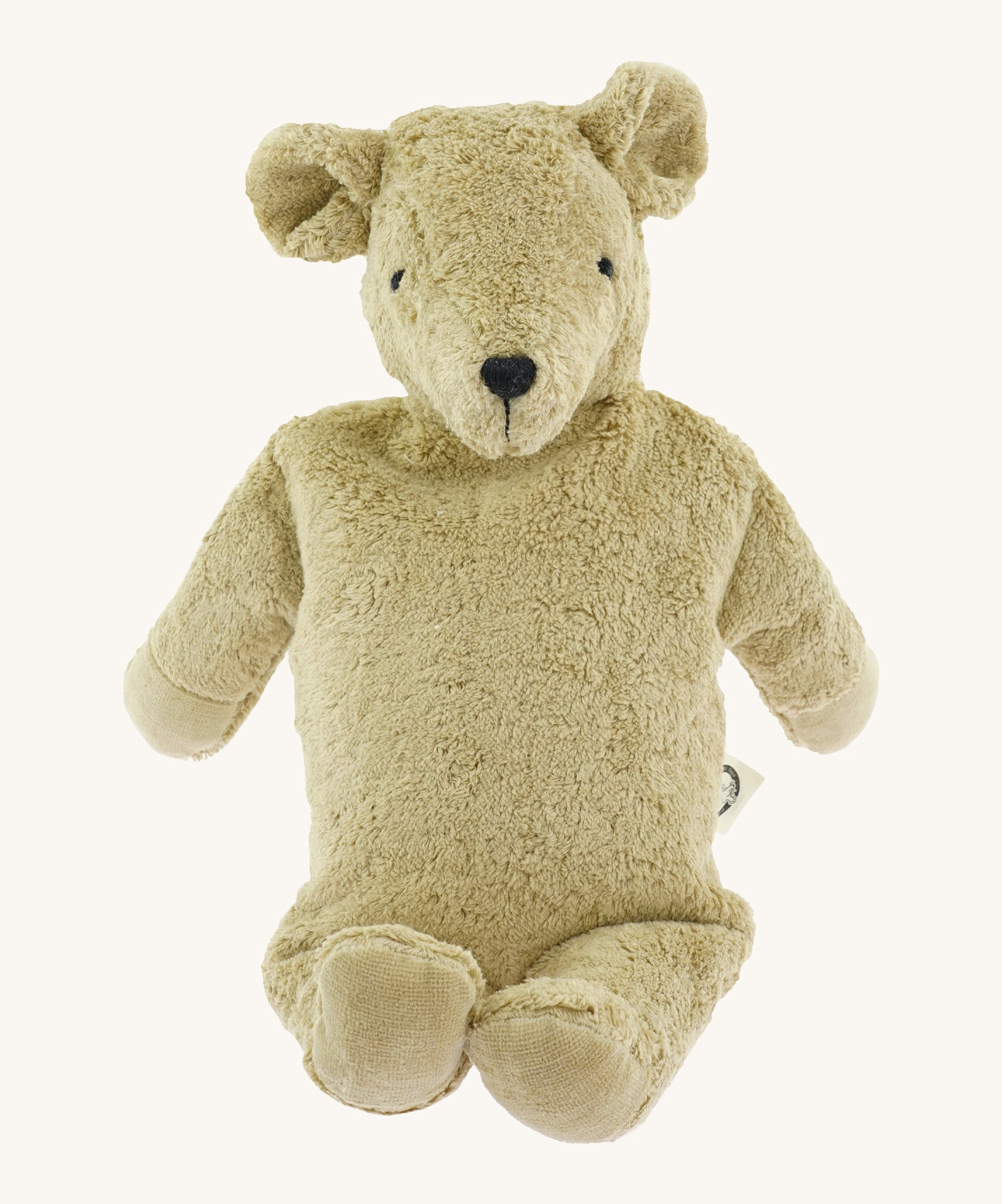 Senger large beige bear - a GOTS organic cotton soft fluffy huggable bear showing its embroidered facial features
