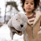 Child showing a close up of the large Senger grey cuddly soft toy