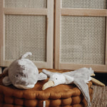 A Senger large organic cotton stuffed dolphin toy and a seagull toy on a cushion