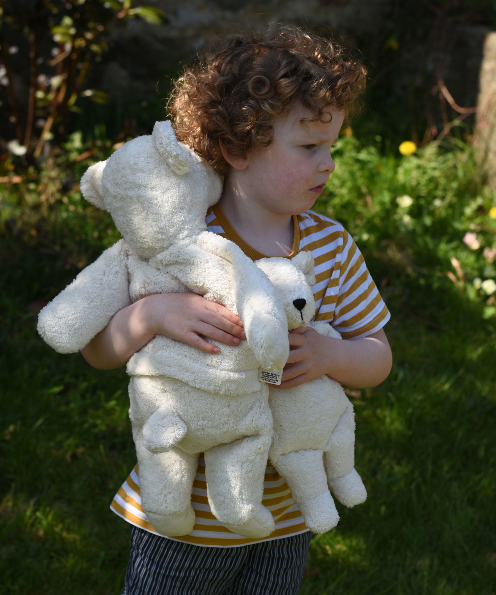 A child cuddling a Senger large and small cuddly polar bear soft toy in their arms.