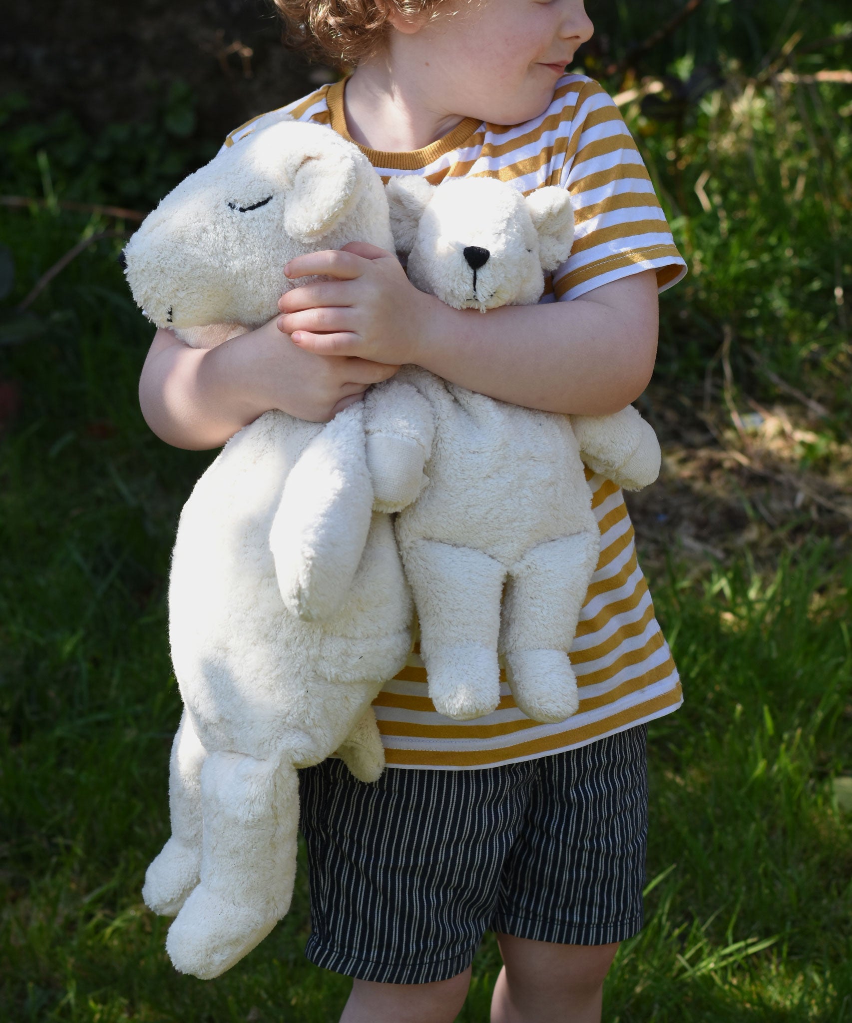 A close up of a child cuddling the Senger large and small cuddly polar bear soft toys in their arms.