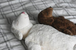 A Senger large white sheep and small brown sheep cuddly soft toys in laying positions on a cream and black striped duvet. These sheep are part of a wide range of soft toys made from organic and natural materials stocked at Babipur. 