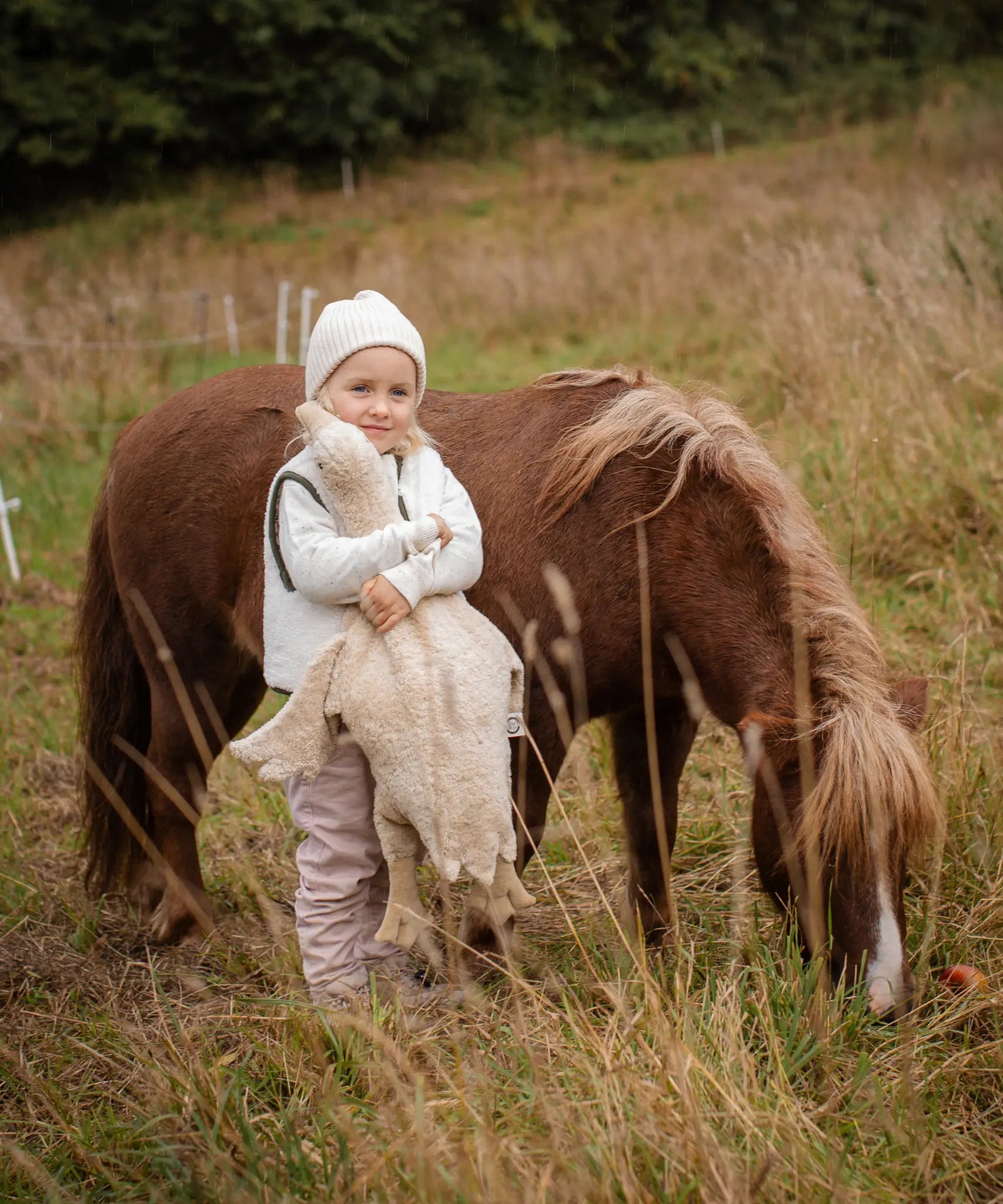 Child hugging a large cream Senger cuddly goose in a grassy field standing next to a horse. 