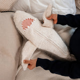 hands holding the Senger Naturwelt Large Cuddly Shark, organic GOTS cotton plush soft toy with removable spelt husk heat cushion.