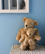 A small Senger cuddly beige bear sat on the lap of a large bear. They are sitting on top of a white wicker laundry basket in front of a blue wall