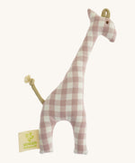 Senger giraffe grasping toy available at Babipur. A organic cotton soft plush giraffe grasper in a pink/beige plaid colour way