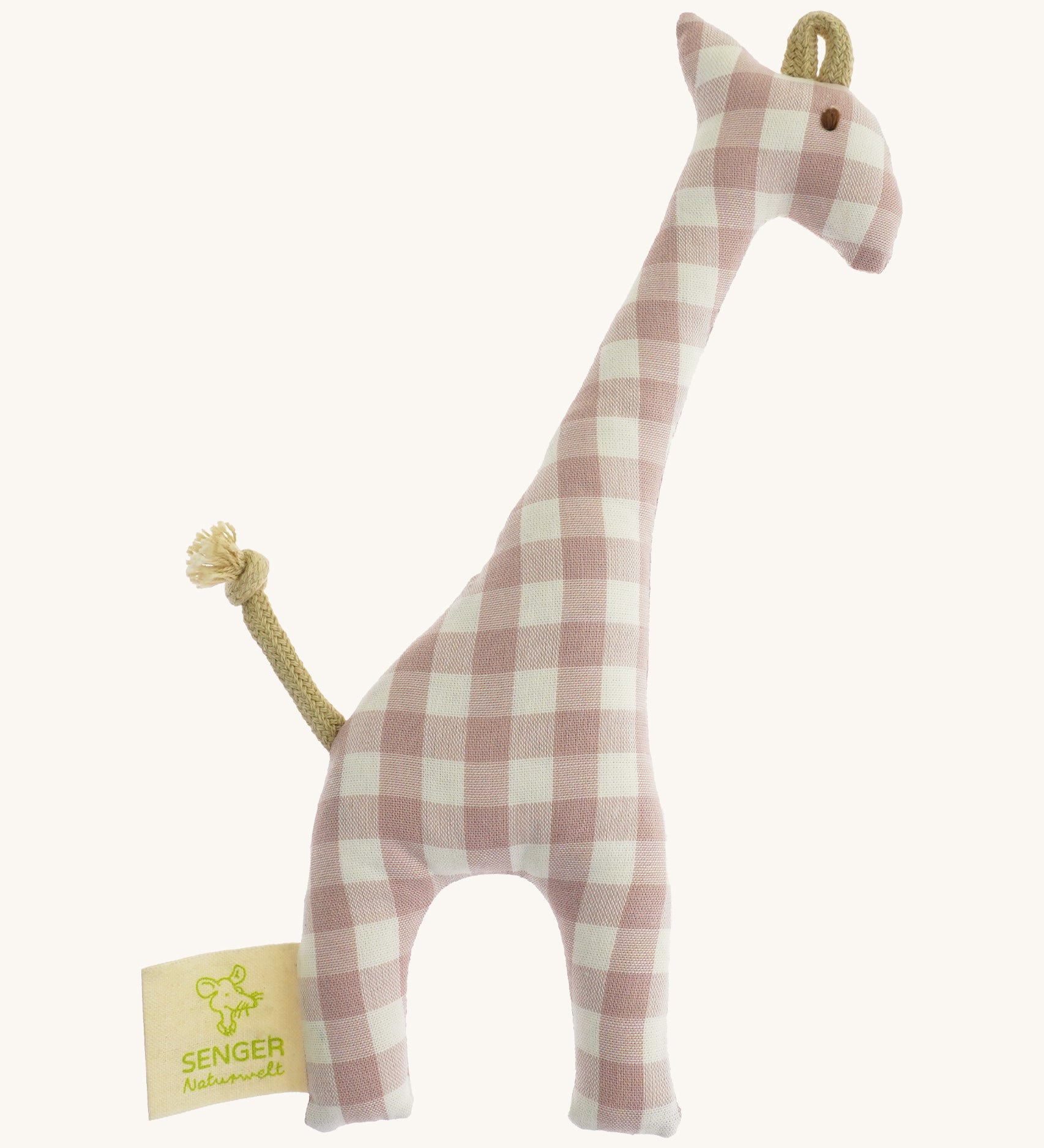 Senger giraffe grasping toy available at Babipur. A organic cotton soft plush giraffe grasper in a pink/beige plaid colour way