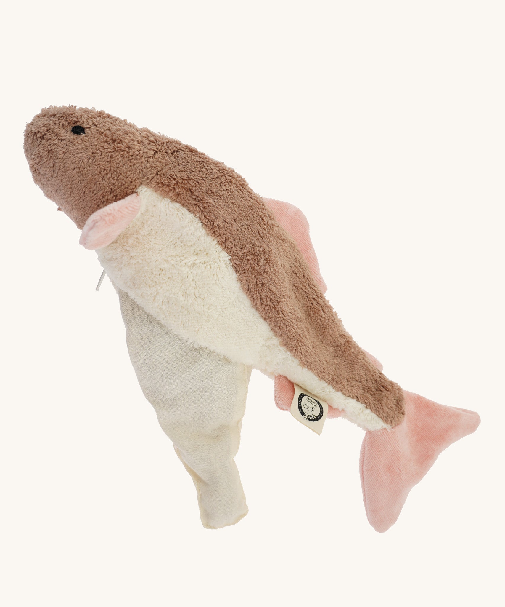 The Senger organic cotton pink fish stuffed cuddly toy, with its heat up bag half taken out