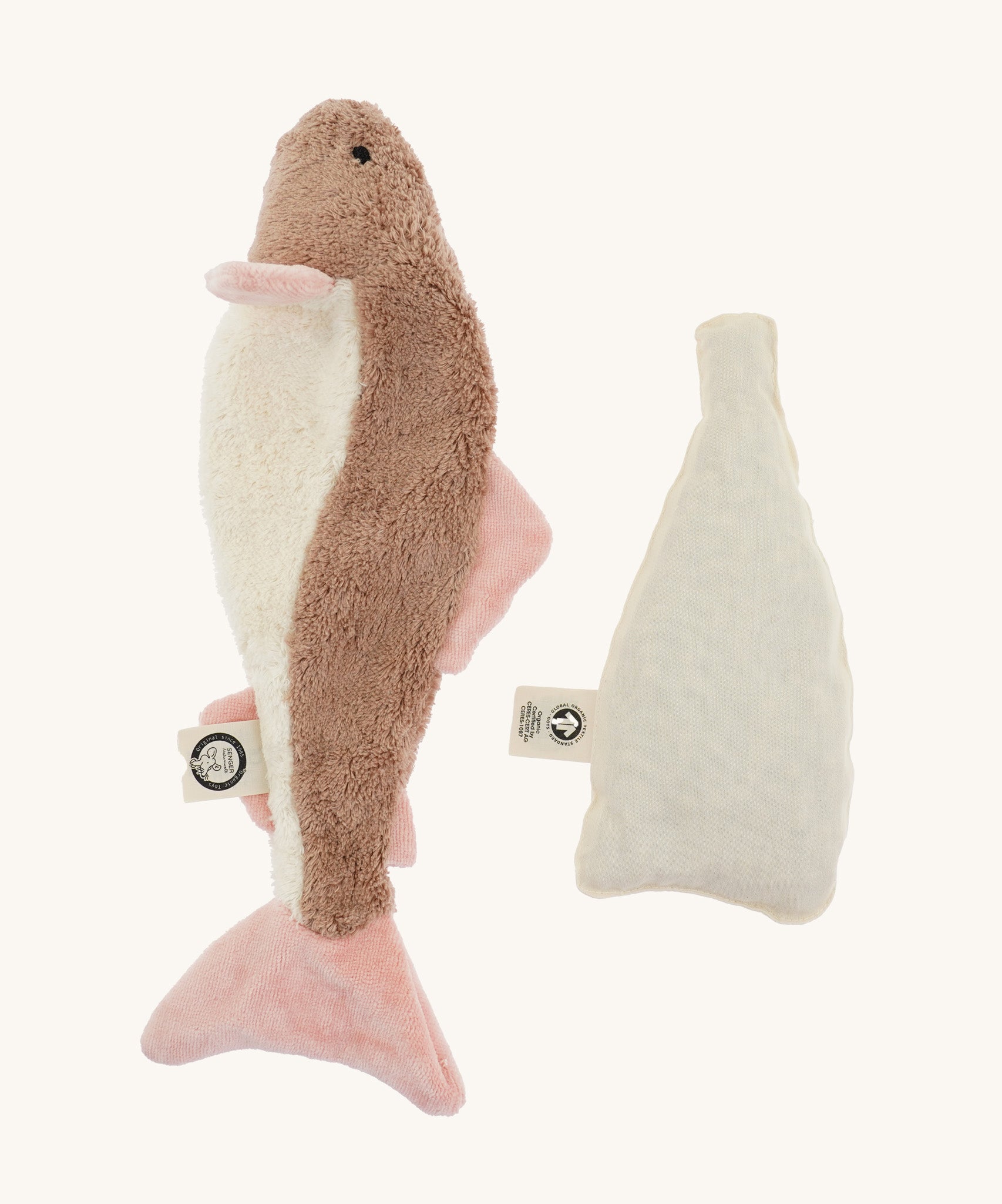 The Senger organic cotton cuddly pink fish toy, with its heatable bag taken out
