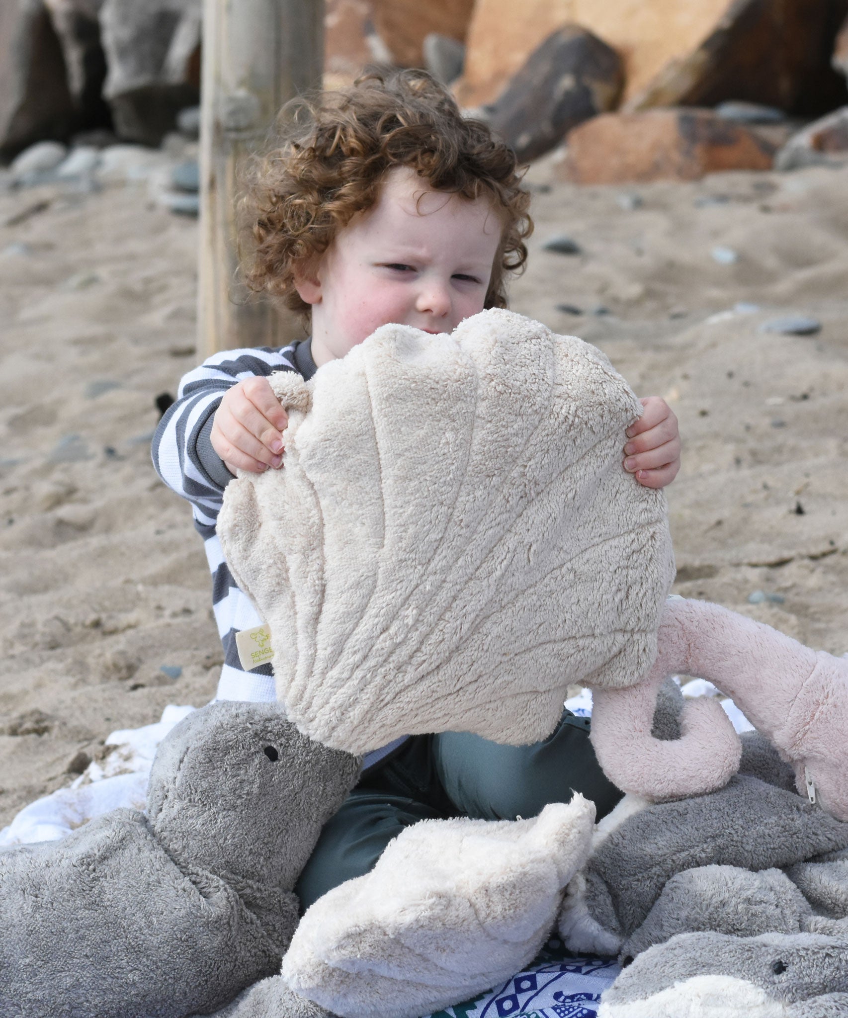 A child holding up a large Senger cuddly animal soft toy in front of them.
