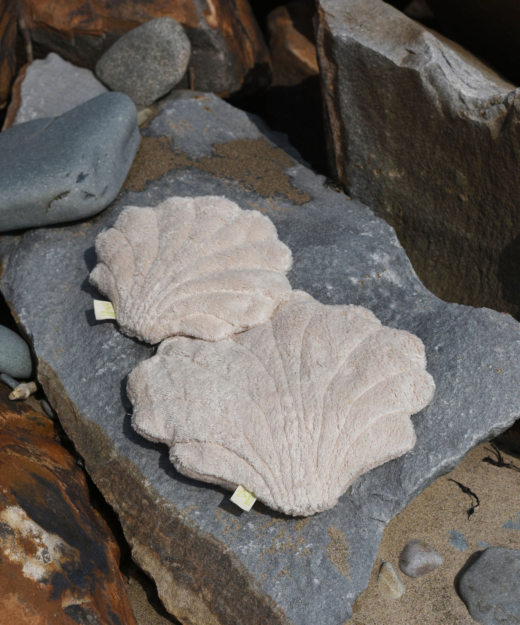A large and small Senger shell cuddly animal soft toy placed on large rock on the beach.