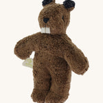Senger baby beaver, a GOTS organic cotton huggable brown beaver showing its big teeth and embroidered facial details.