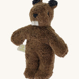 Senger baby beaver, a GOTS organic cotton huggable brown beaver showing its big teeth and embroidered facial details.