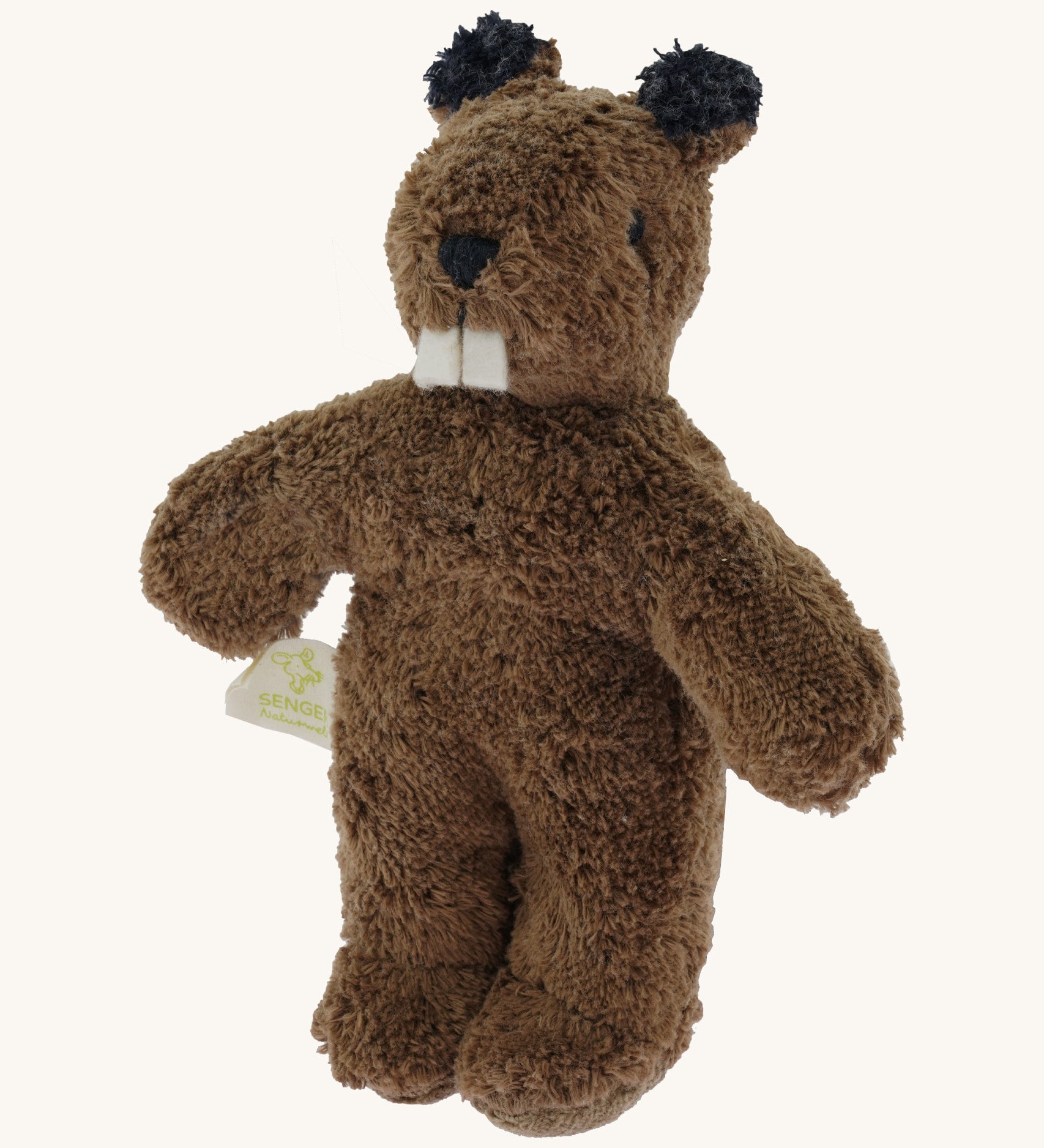 Senger baby beaver, a GOTS organic cotton huggable brown beaver showing its big teeth and embroidered facial details.