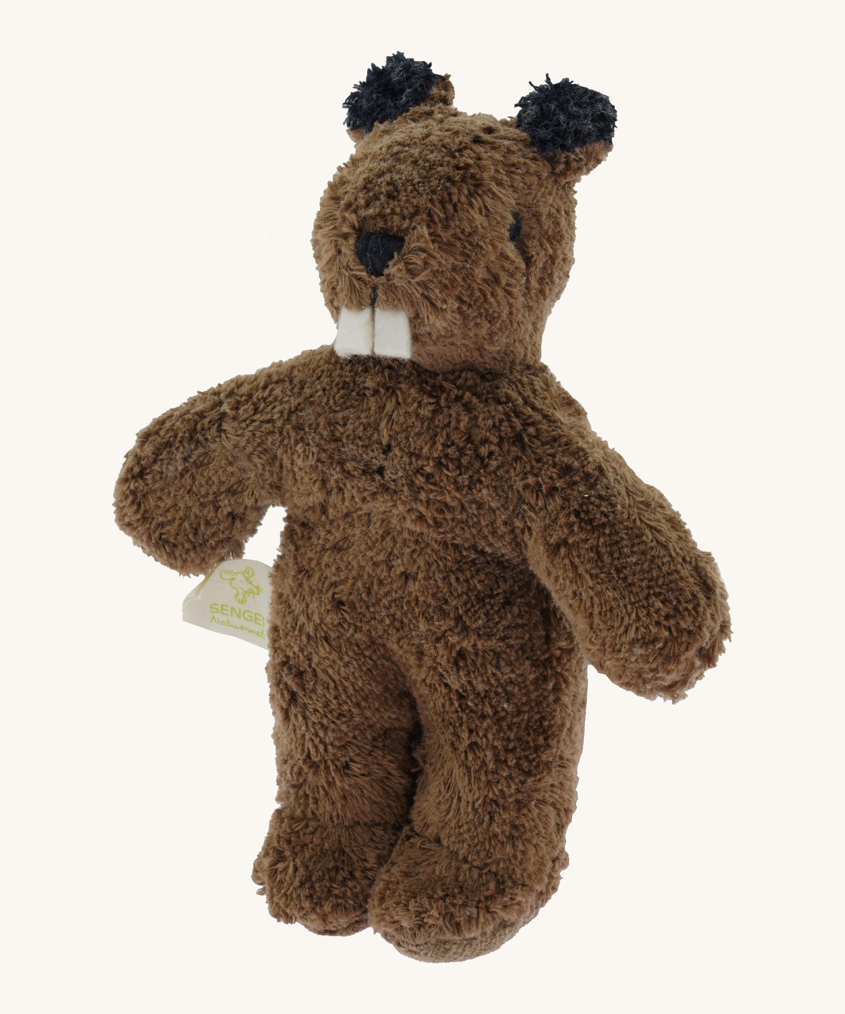 Senger baby beaver, a GOTS organic cotton huggable brown beaver showing its big teeth and embroidered facial details.