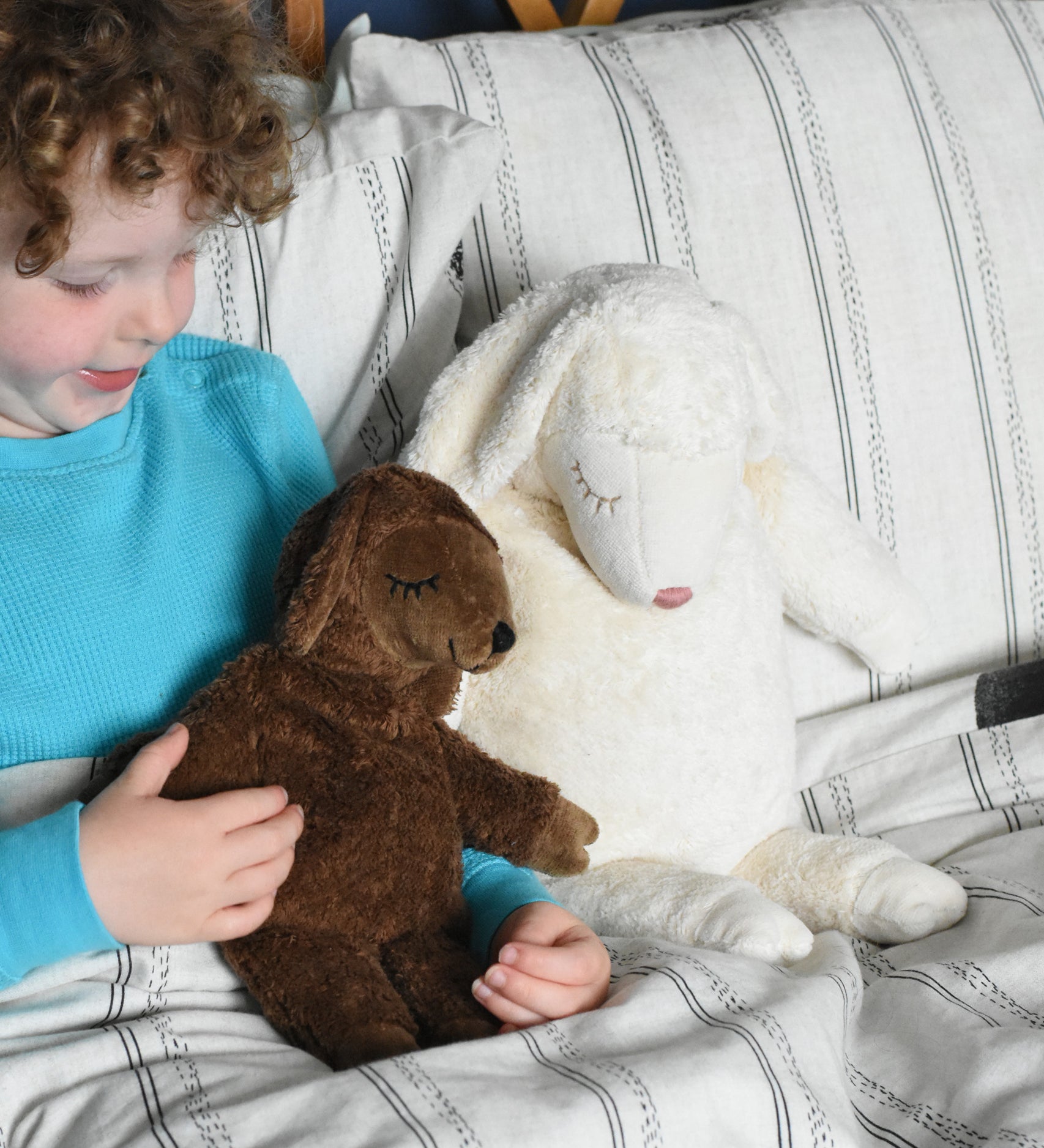 A Senger small brown cuddly sheep soft toy in placed on a child's lap in bed. The child is holding one of the sheep's hands. A large white cuddly sheep can be seen next to the child. These sheep are part of a wide range of soft toys made from organic and natural materials stocked at Babipur. 