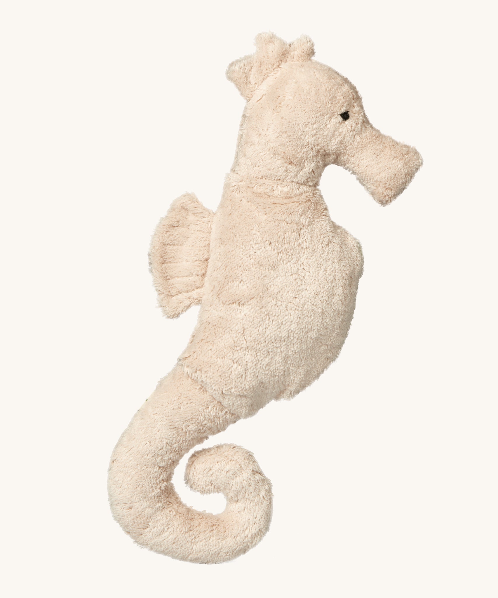 A side view of the small Senger Cuddly Sea Animal Seahorse Organic Soft Toy