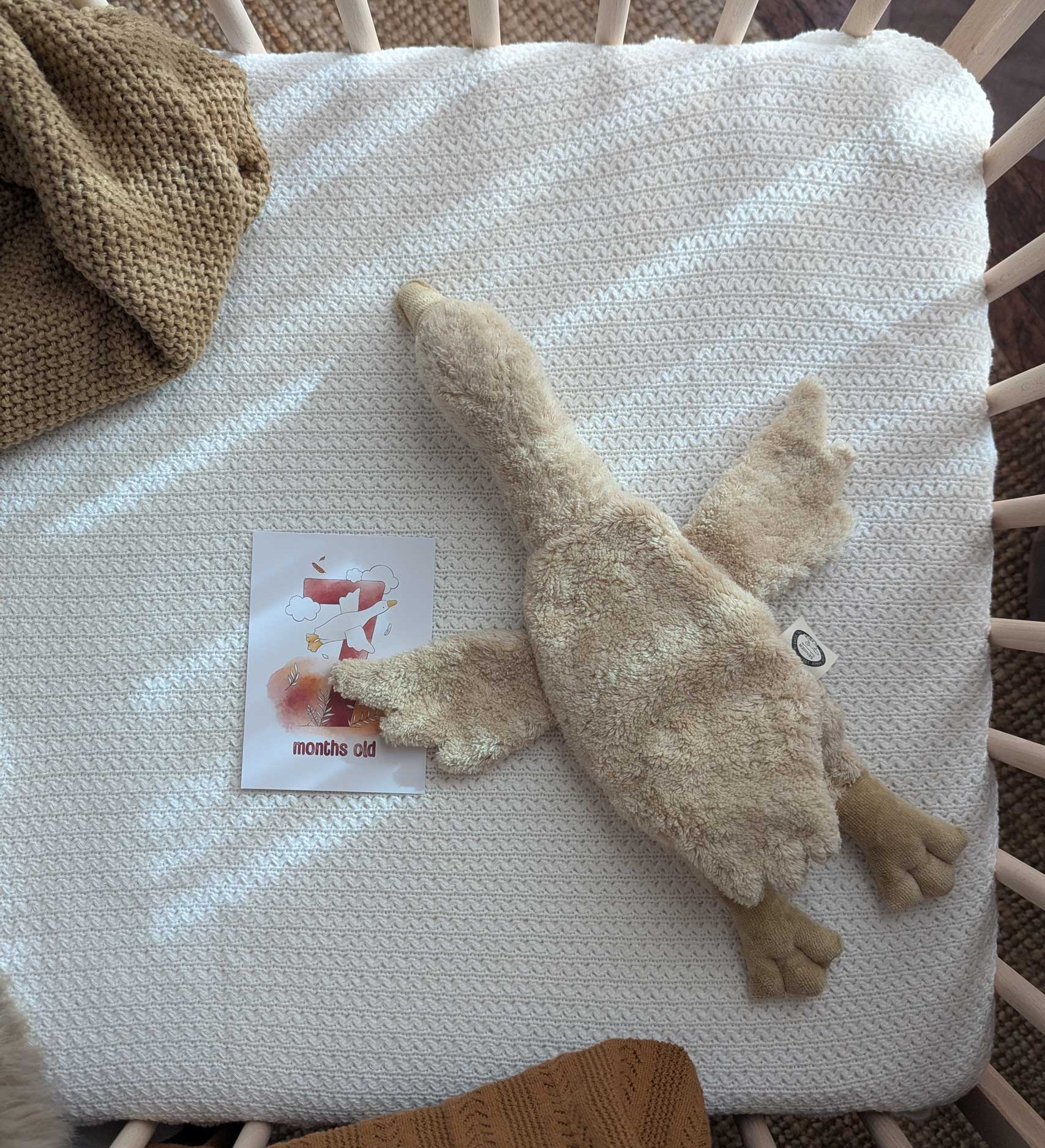A Senger small Cuddly Goose organic soft toy in a creamy Linen colour placed in an empty crib. These soft toys are created from the highest quality, sustainable and traceable natural materials. Senger cuddly animal toys and soft dolls are handmade in Germany with love and attention to detail and we are proud Senger stockists here at Babipur. 