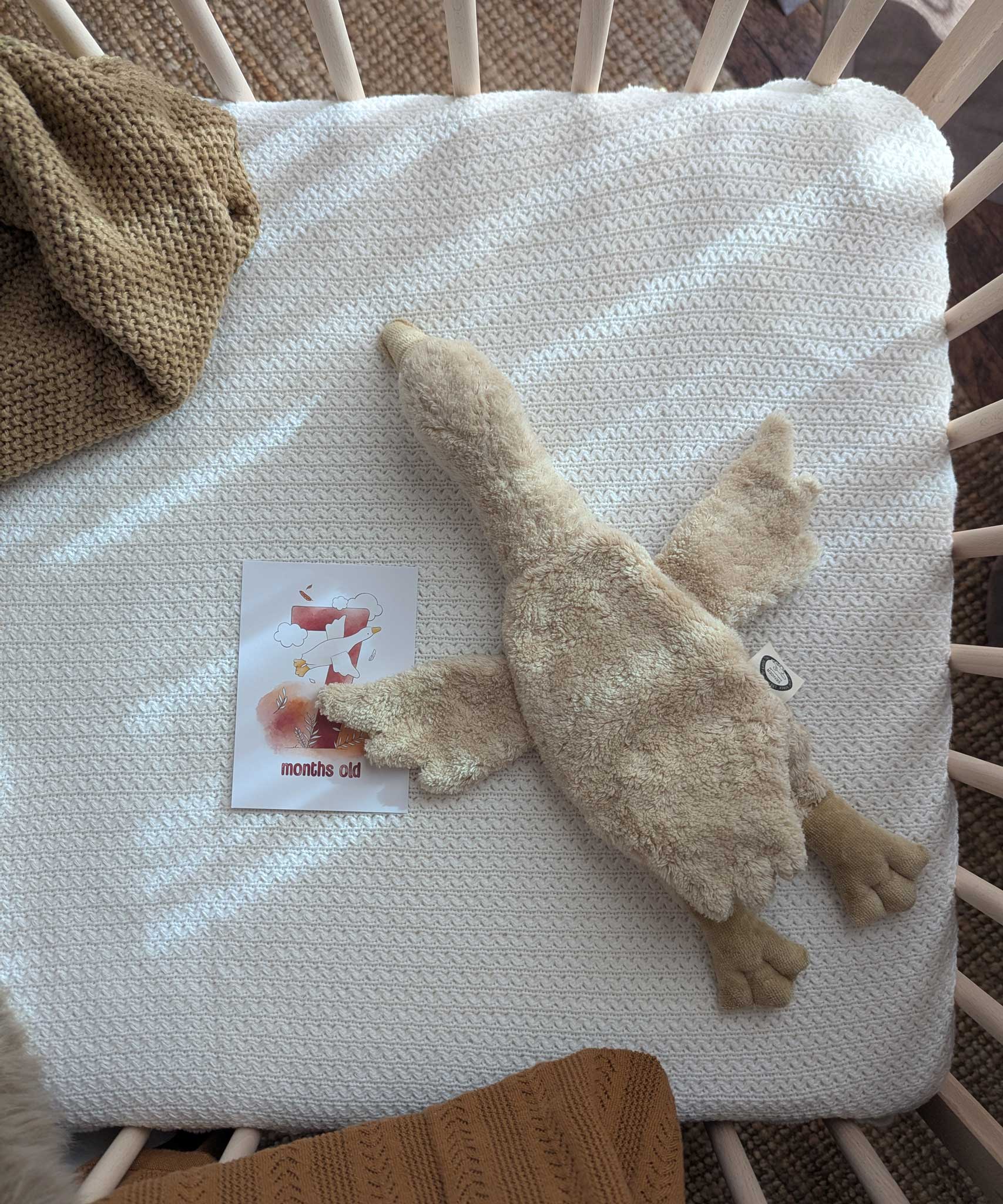 A Senger small Cuddly Goose organic soft toy in a creamy Linen colour placed in an empty crib. These soft toys are created from the highest quality, sustainable and traceable natural materials. Senger cuddly animal toys and soft dolls are handmade in Germany with love and attention to detail and we are proud Senger stockists here at Babipur. 