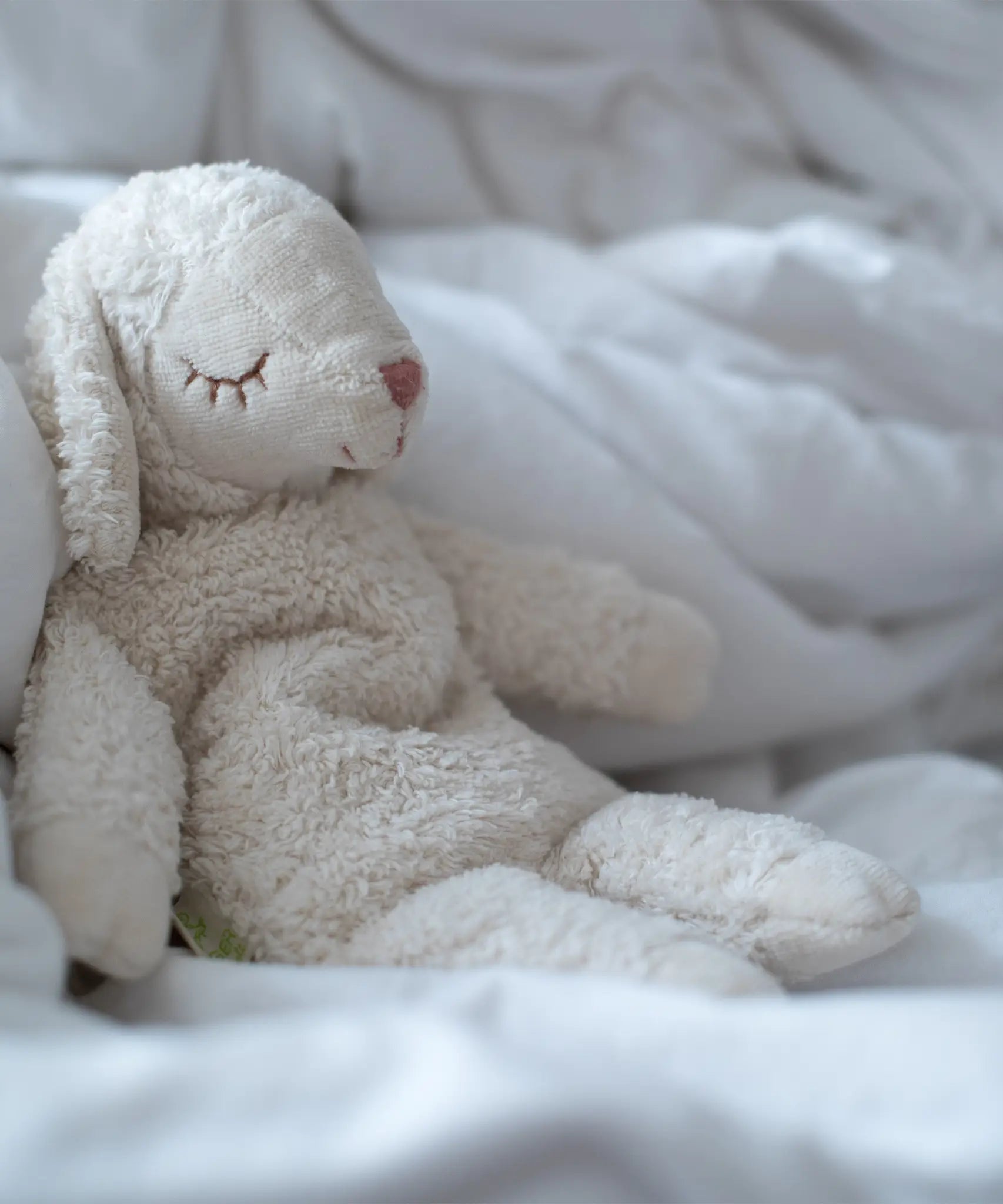 Senger GOTS organic cotton small cuddly white sheep toy sitting on against a blanket